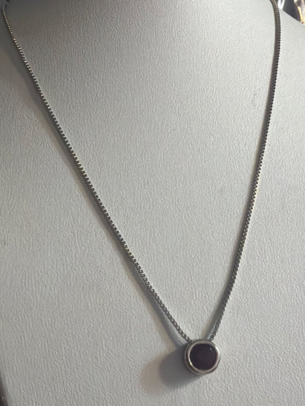 Silver Tone Box Chain Necklace Round Purple Faceted Slide Pendant Adj 19"